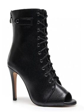 Burju - Black Vegan Leather Lace-Up Peep Toe 4" Heel Ankle Boot Size 8